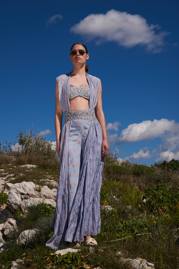 Periwinkle blue cracker printed throw with printed pants and embroidered bustier and belt