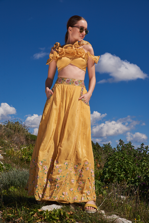 Yellow crepe printed and embroidered skirt with ruffle top