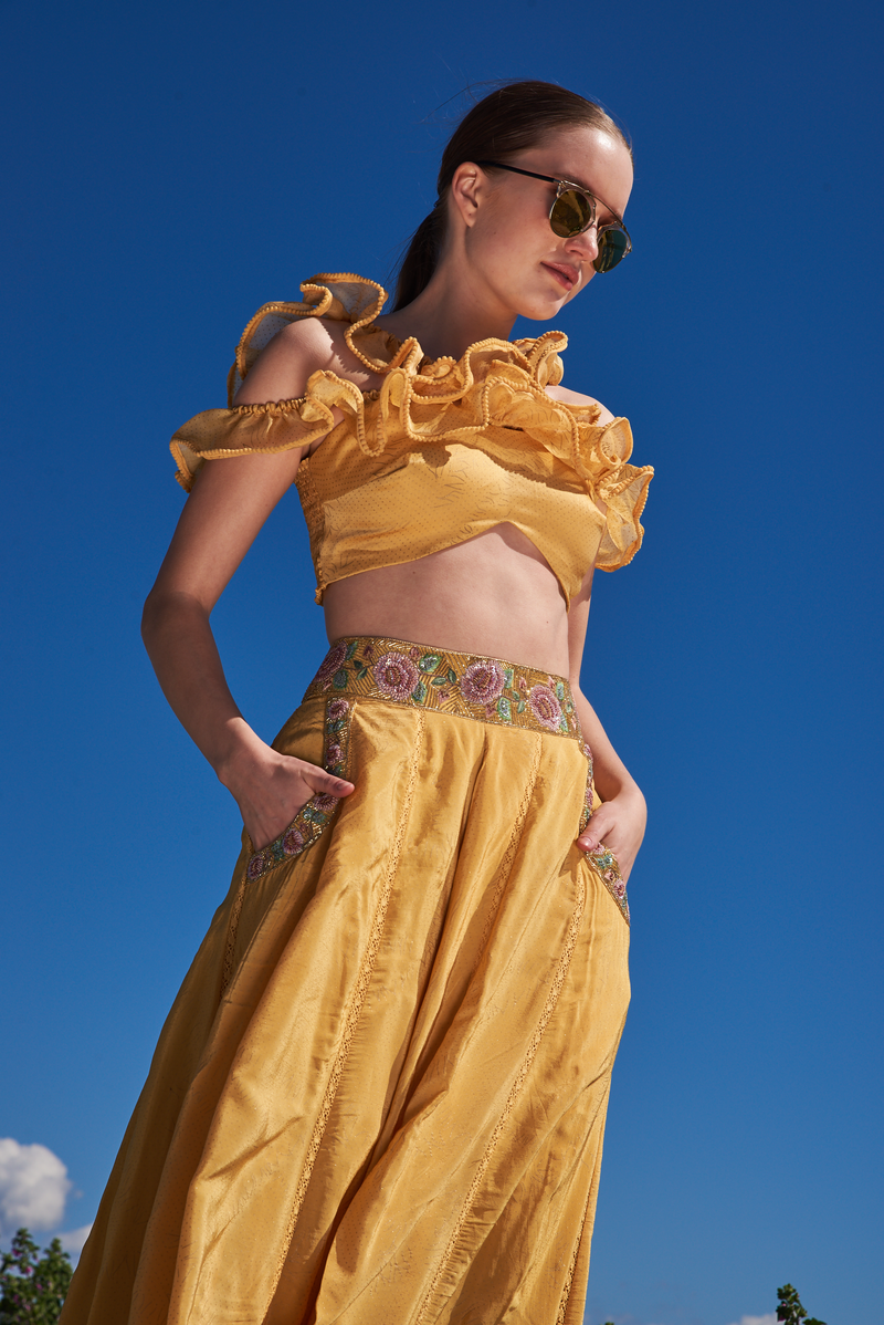 Yellow crepe printed and embroidered skirt with ruffle top