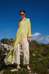 Green crepe printed and embroidered asymmetrical one off shoulder cape with ivory printed flap pants