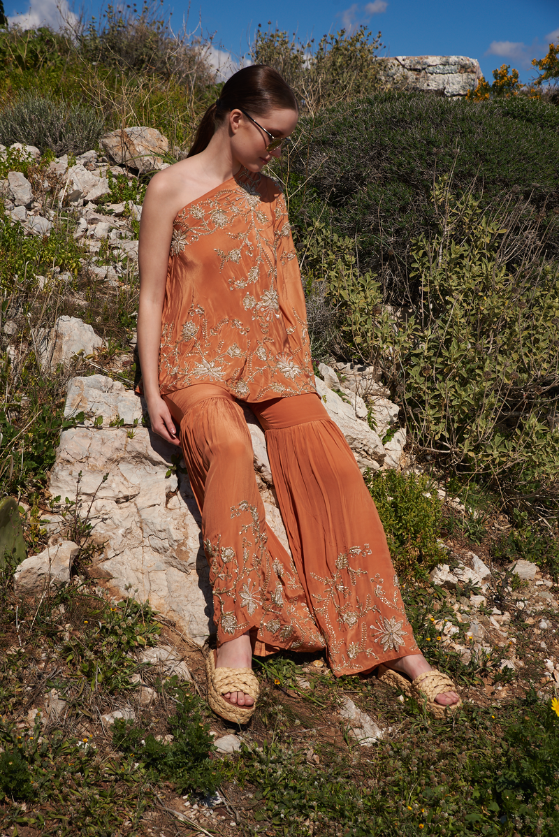 Rust crepe embroidered one off shoulder cape with rust crepe embroidered sharara pants