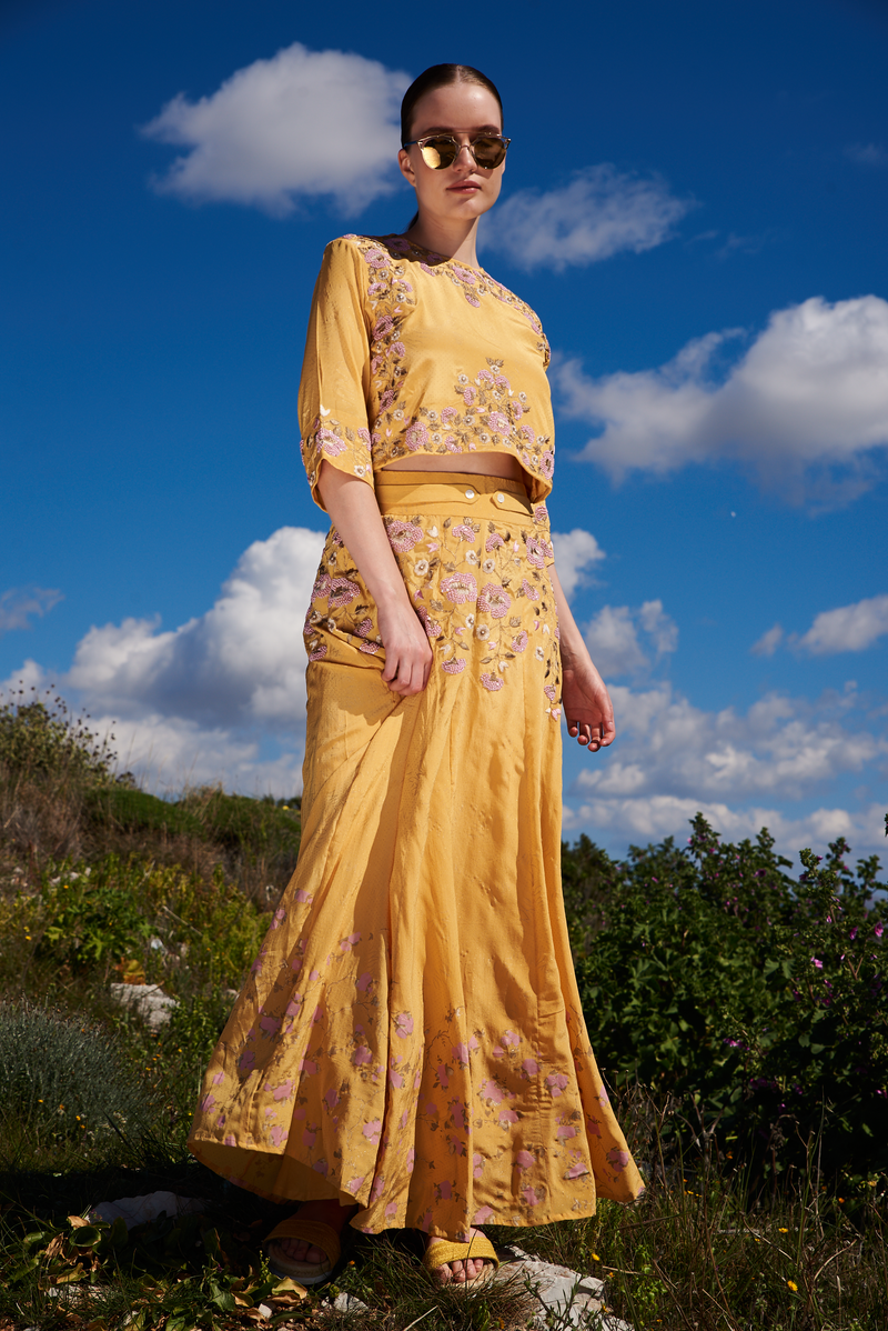Yellow crepe printed and embroidered skirt with placement embroidered top