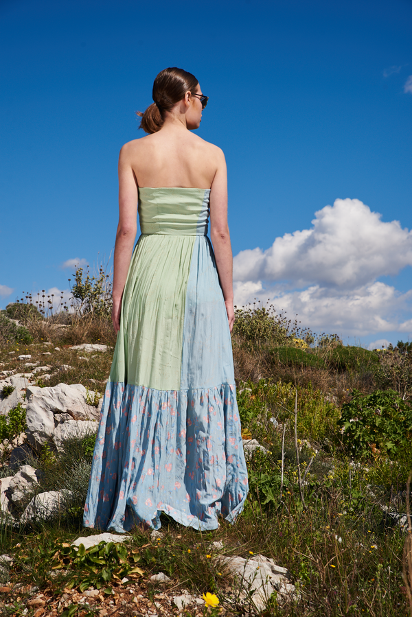 Mint green and blue crepe color blocked and printed off shoulder maxi