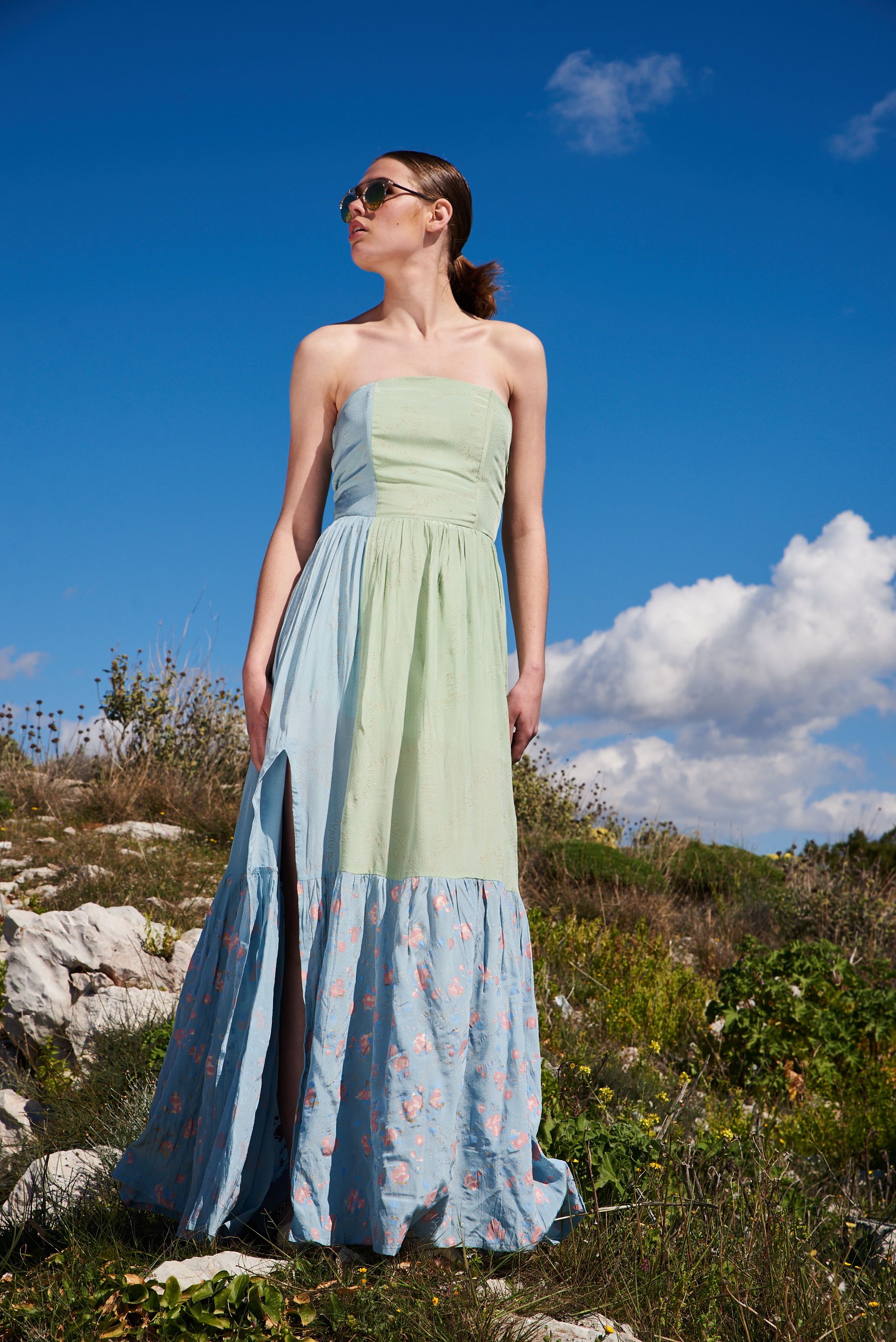 Mint green and blue crepe color blocked and printed off shoulder maxi
