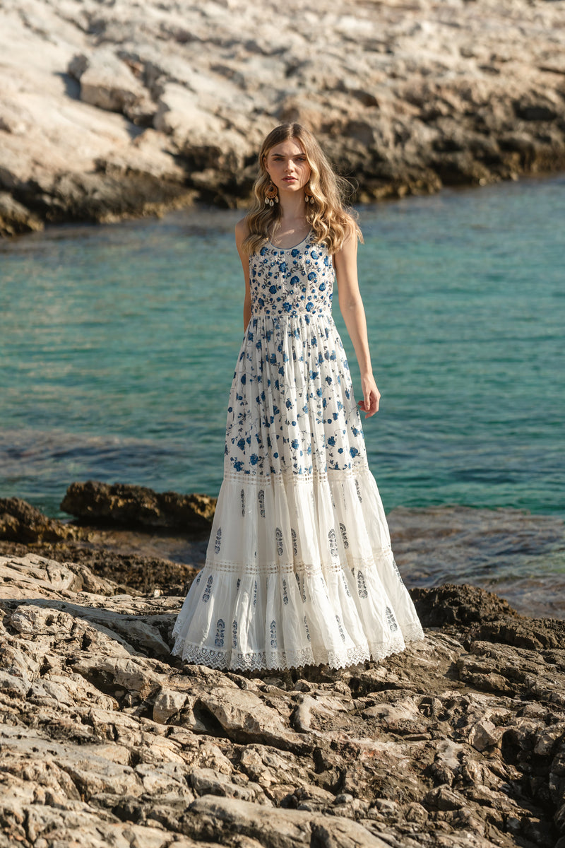 Off white mul cracker printed tiered maxi with embroidered bodice and net back