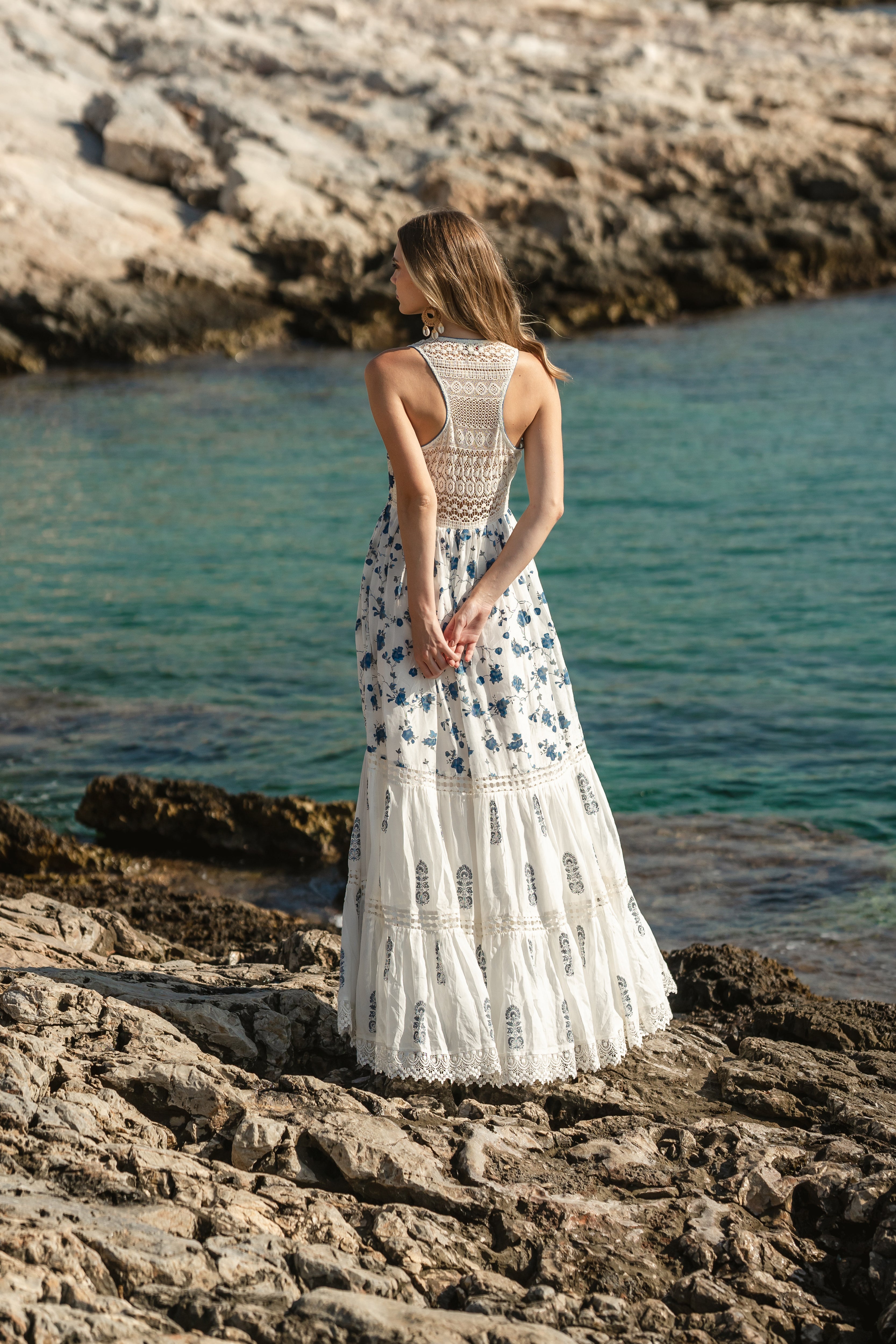 Off white mul cracker printed tiered maxi with embroidered bodice and net back