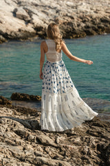 Off white mul cracker printed tiered maxi with embroidered bodice and net back