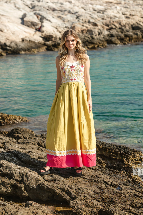 Poplin dress with multicolour cord work embroidered bodice