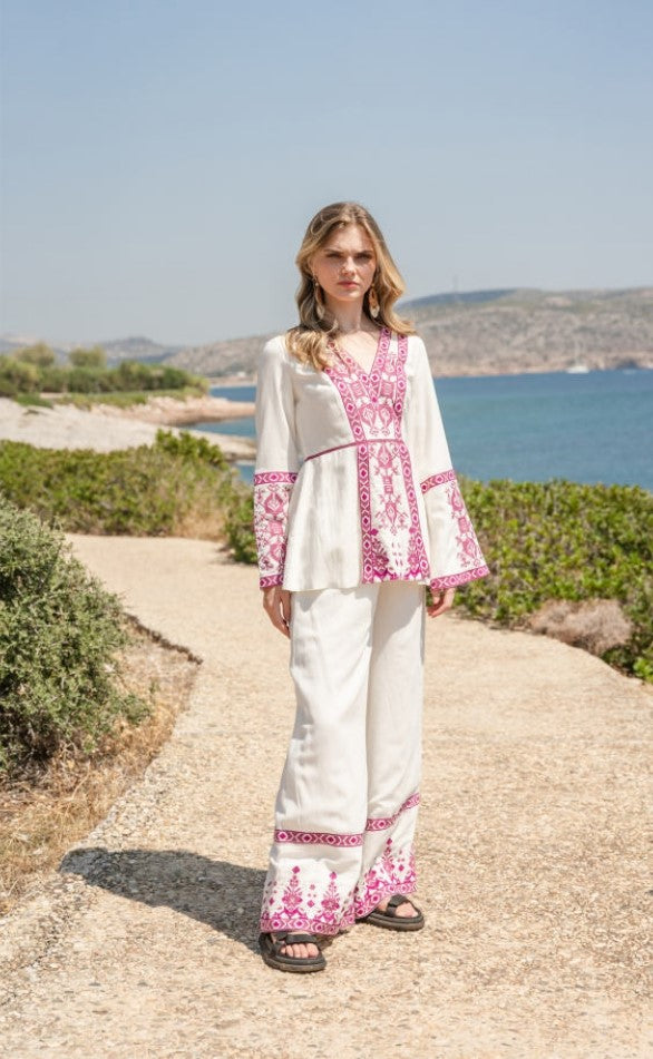 White poplin cross stitch embroidered co-ord set