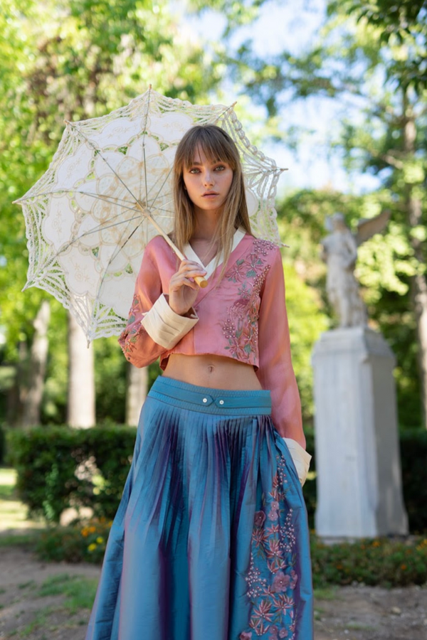 Onion Pink Organza Embroidered Short Kimono Jacket