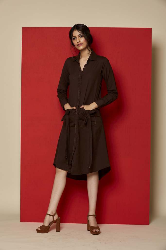 Brown Linen Front Open Shirt Dress With Tie Up Details On The Pocket