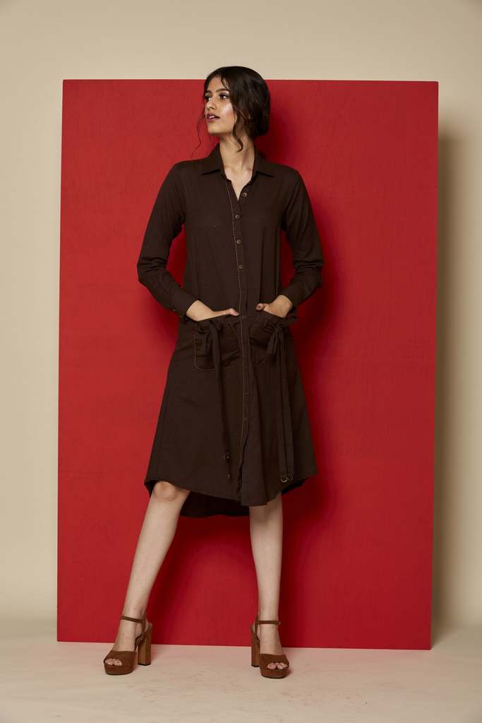 Brown Linen Front Open Shirt Dress With Tie Up Details On The Pocket