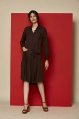 Brown Linen Front Open Shirt Dress With Tie Up Details On The Pocket